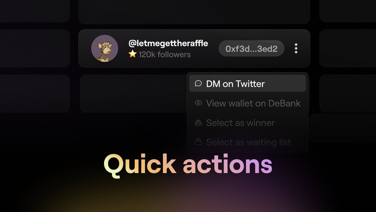 🤩 Want to increase your community engagement during your raffle? Create a wow effect! 

Hit a personalised DM to all participants that just joined the list. Go to participant tab > click the "..." icon > DM on Twitter 

Make them feel welcome.