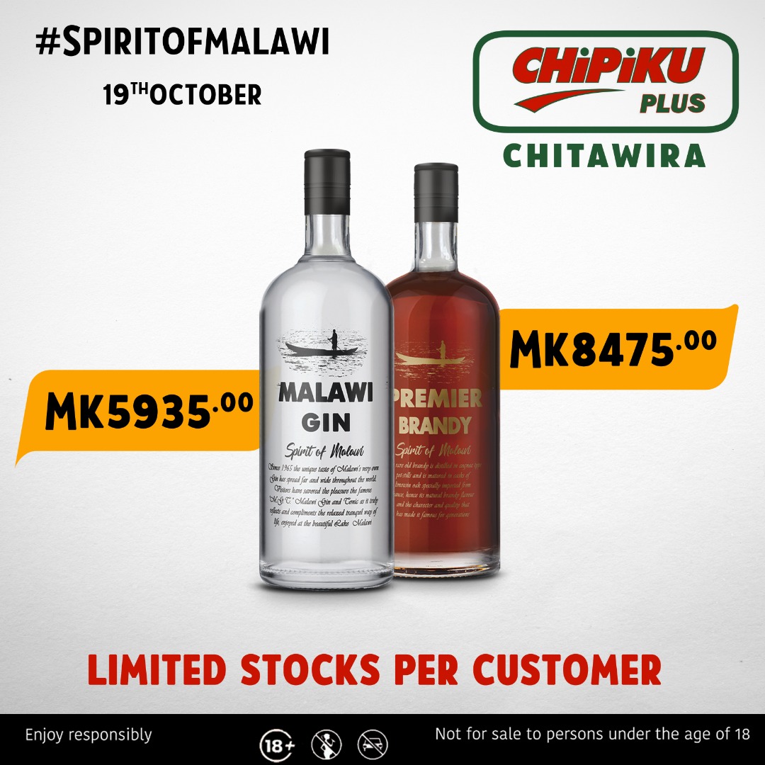 MalawiSpirits's tweet photo. Get ahead of the weekend and stock up on Malawi Gin and Premier Brandy at the Chitawira Chipiku Plus store!
#chipiku #malawigin #premierbrandy #spiritsofmalawi https://t.co/B02G2VM4M3