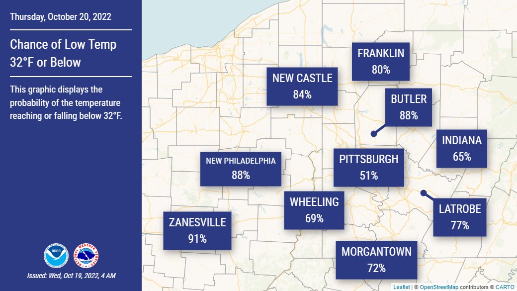 It's going to be another cold night across the Upper Ohio Valley. The probability for temps to reach below the freezing mark is pretty high. A freeze watch is in effect for the entire forecast tonight (with the exception of Tucker Co, where the growing season has already ended).