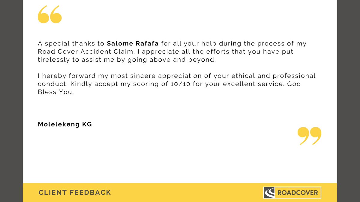 RoadCover's tweet photo. A good customer experience starts with kindness and respect.

It’s a 10 out of 10 for Salome Rafafa!

#roadcover #wecare #nofees #road #financialservices #clients #roadaccidentfund #raf #claimsservice #clienttestimonial #teamappreciation https://t.co/zPsBkuntBv