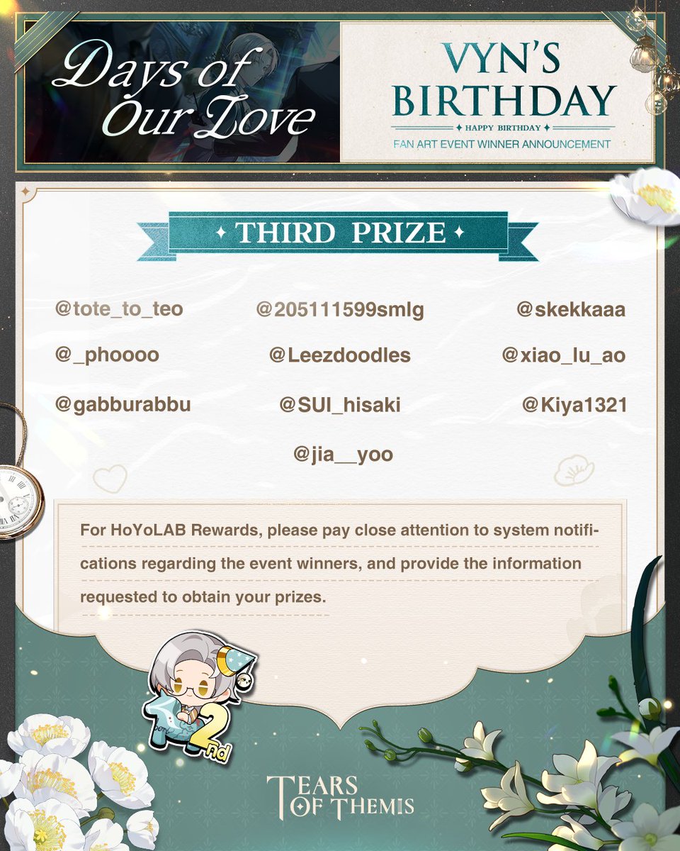 TearsofThemisEN's tweet photo. #DaysOfOurLove Vyn's Birthday Fan Art Event Results

After careful evaluation, we have selected 3 contestants for 1st Prize, 7 for 2nd Prize, and 10 for 3rd Prize. Congratulations to all winners and thank every artist for submitting their amazing works!

#TearsOfThemis https://t.co/09NRW32MQH