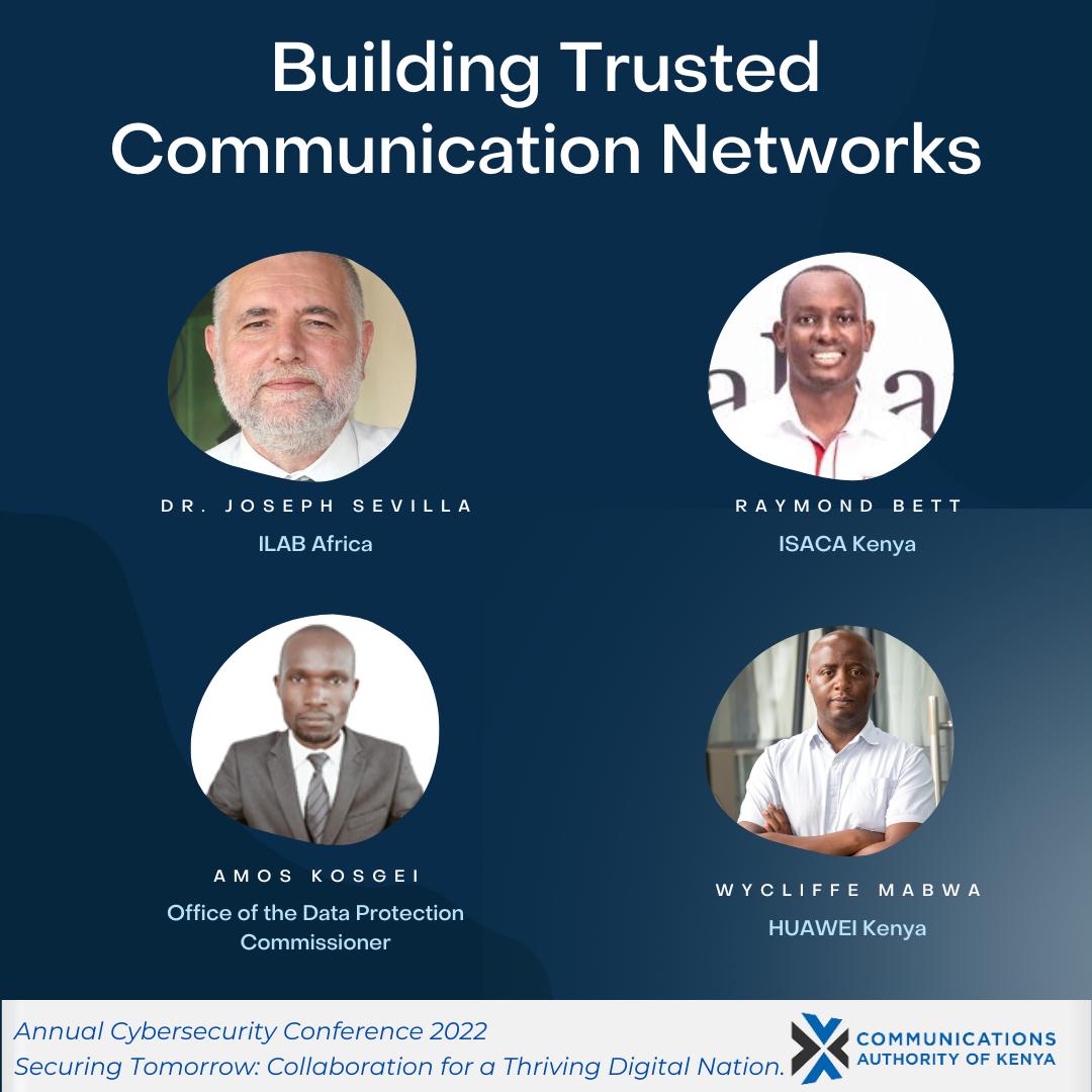 KeCIRT's tweet photo. 1st panel of day 3. 
Dr. Joseph Sevilla of @iLabAfrica, Mr. @Raymond_K_Bett of @Isaca_kenya, Mr. Amos Kosgei of @ODPC_KE, Mr. Wyclife Mabwa of @HuaweiKenya, and Mr. @AndyChadwickUK Head of Africa @FCDOGovUK  Topic: Building Trusted Communication Networks
#CACyberConference22 https://t.co/PMu1KeZ2DS