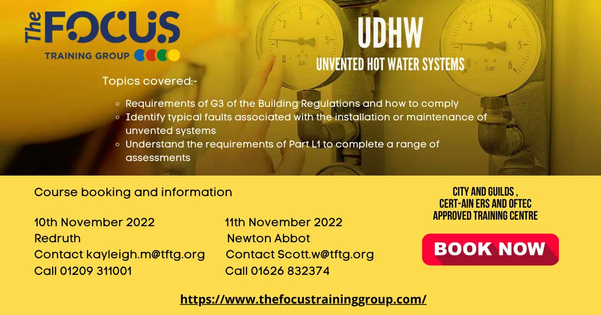 focustrainingsw's tweet photo. We have spaces available on our Unvented Hot Water Systems Training Course
Redruth and Newton Abbot
For further details contact:-
Kayleigh.m@tftg.org 01209 311001 - Redruth
Scott.w@tftg.org 01626 832384 -Newton Abbot
#training #gasengineers #plumbers #plumbing #UDHW # https://t.co/e6ZkenCh1s