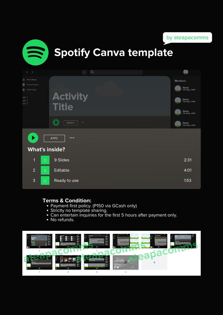 ATeaPaComms's tweet photo. 📜 [ATPC ☕]

hi! selling my spotify canva template for only P150 :)
📌 check pinned
📌 can also modify the template for u (w/ addtl fees)
📌 will send the template link after payment
📌 dm if interested!

🏷️ lf commissioner #commstwt ph ppt template https://t.co/PdaVzKpFfm