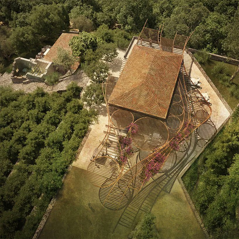 designboom's tweet photo. matteo cainer's proposed retreat in sicily reveals blooming pergola inspired by citrus groves https://t.co/zNqHYhIfMG https://t.co/LeZCJtUg5k