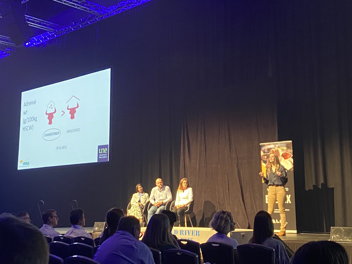 <a href="/ERS_UNE/">ERS_UNE</a> students leading the way in the #beefex22 Communicate your Research session! Andrew Lynn presenting the ability to use genotypes to select for eating quality &amp; Pip Pryor on the benefits of waterproof shelter for feedlot cattle!