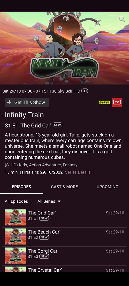 RegularTweetsUK's tweet photo. Cartoon Network's Infinity Train finally makes its British linear television premiere on Sky Sci-Fi (the UK counterpart to the U.S.'s Syfy Channel) on Saturday 29th October at 7am. @OweeeeenDennis #InfinityTrain https://t.co/5P2ObLLHVA