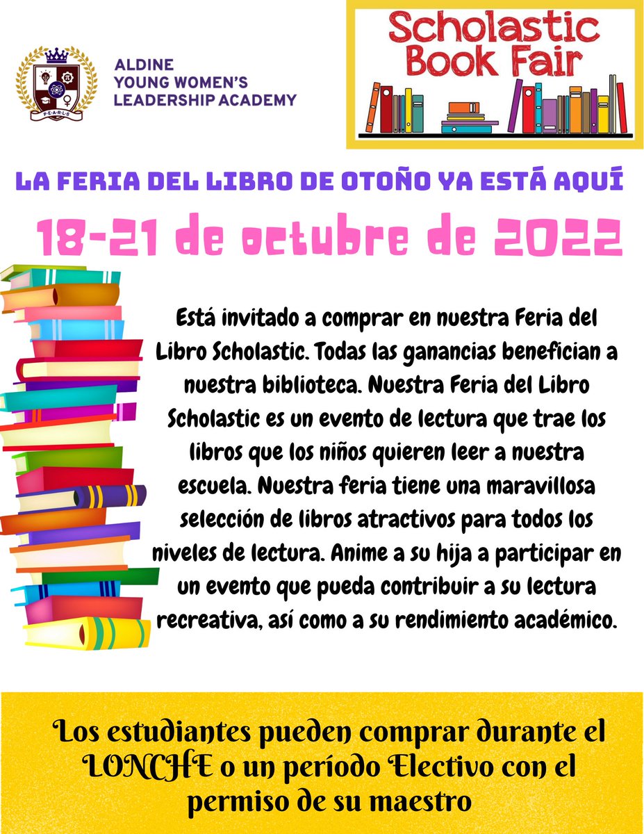 Join us for the FALL Book Fair October 18-21, 2022. Cash and credit cards accepted. Books students love and sales support our Library! Thank You😀 @YWLA_AISD @AldineISD @aldinelibraries @ywprep @Scholastic