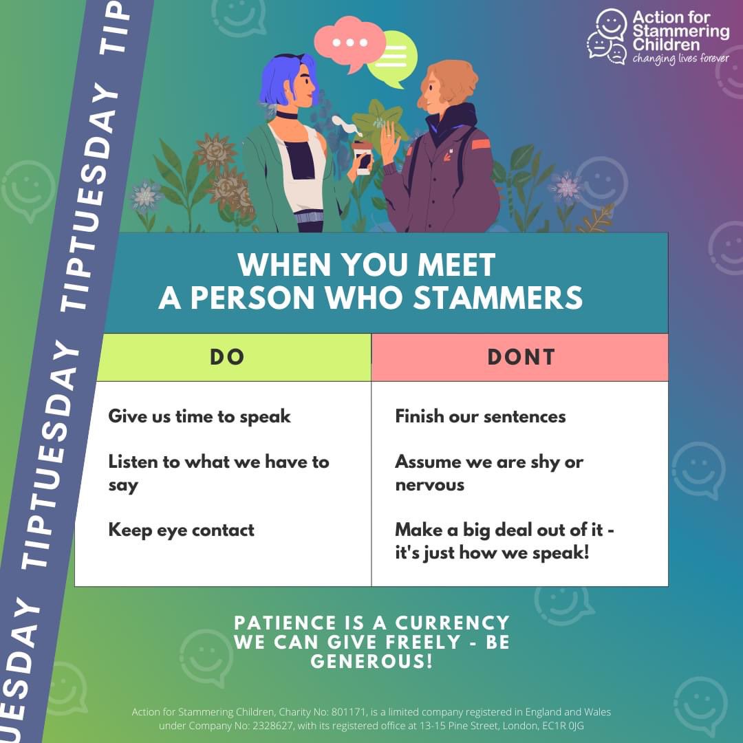 Some Top Tips from <a href="/ascstammering/">Action for Stammering Children</a> for when you meet a person who stammers. 😊

🗓 Take a look at their exciting events this week for International Stammering Awareness Day 22nd October 2022

#ISAD2022 #empoweringfamilies #SLT
#disfluency #stammer #stuttering #acupfulofcare