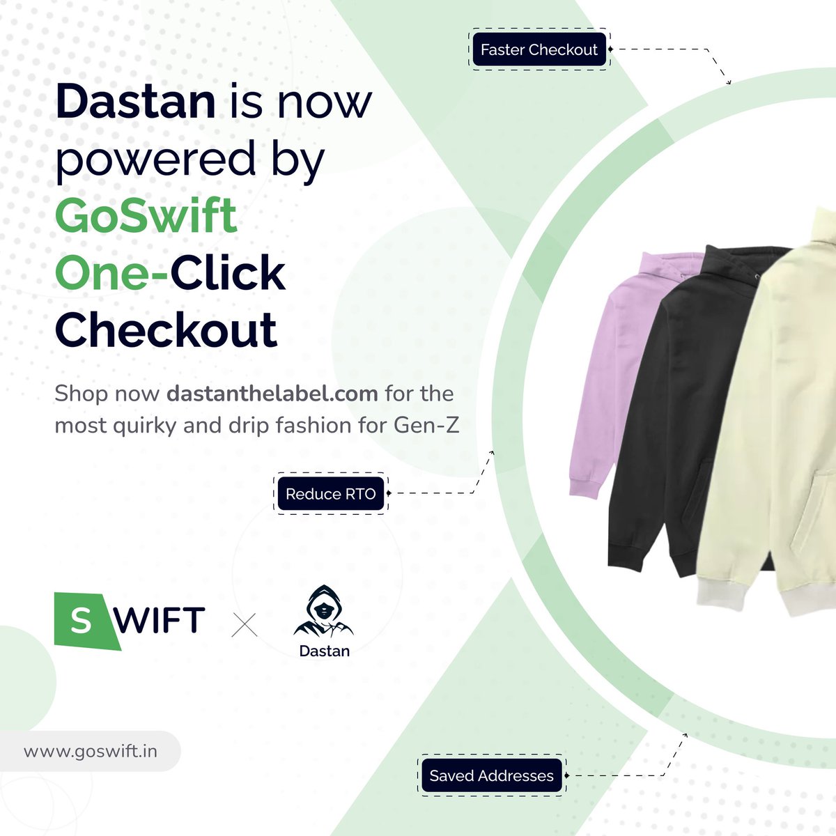 goswiftHQ's tweet photo. Head straight to @dastanthelabel for the coolest hoodies in India, perfect for Gen-Z. Their product range is soft, comfortable and eco-friendly.
Shop now and checkout in 10 seconds with @goswiftHQ ⚡️
#GoSwift #oneclickcheckout #d2c #partnership #powered https://t.co/FCxV7vDMyv