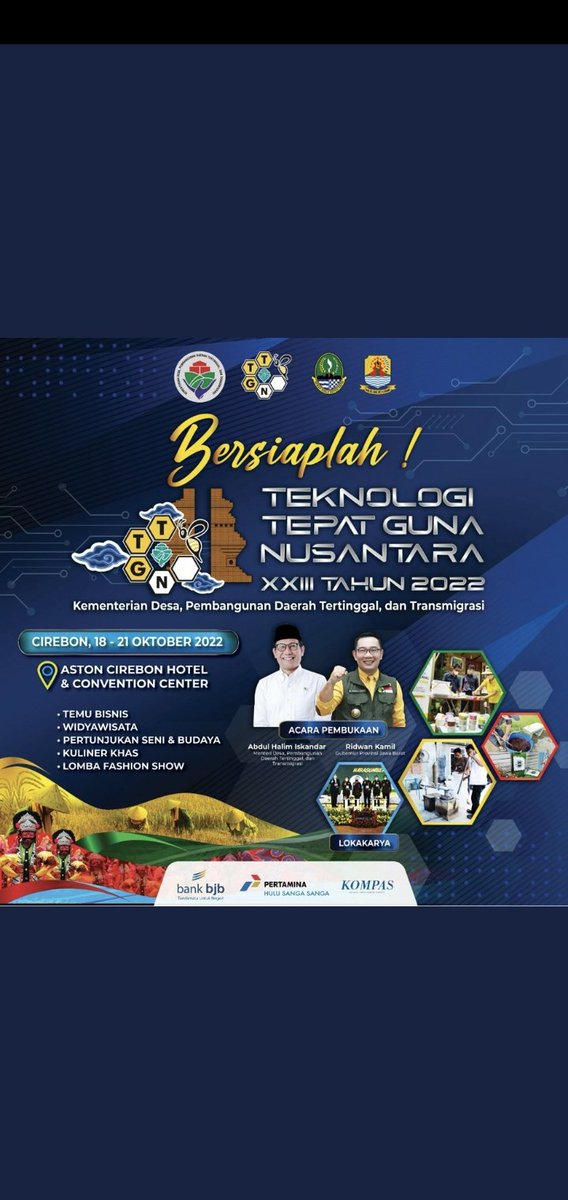 Teknologi Tepat Guna Nusantara XCIII Tahun 2022
Gelar TTG Nusantara akan mempermudah  investor dalam pengembangan 
# TTGNusantara

<a href="/jokowi/">Joko Widodo</a> 
<a href="/halimiskandarnu/">ABDUL HALIM ISKANDAR</a>
@Kemendespdtt
<a href="/malik_haramain/">malikharamain</a>
<a href="/imansyukri/">Iman Sukri</a>
<a href="/taufikmadjid71/">IG : taufik.madjid</a>
@yusradaridesa 
<a href="/azzameldzikrie/">#SantriIndonesia</a> 
<a href="/tppkemendes/">TPP KEMENDES</a> 
<a href="/tpp_provKalsel/">tpp.provinsi_kalsel</a>