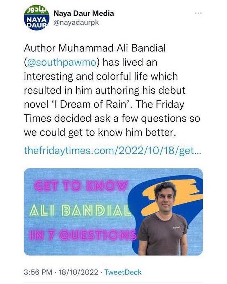 LibertyBooks_'s tweet photo. Get to know Author Muhammad Ali Bandial in Seven Questions!
Viist Here: https://t.co/OdZ2Am6AbW
#MuhammadAliBandial #FridayTimes #Bookish #Bookaholic #Bookstagram https://t.co/Zj8MVZ8sUN