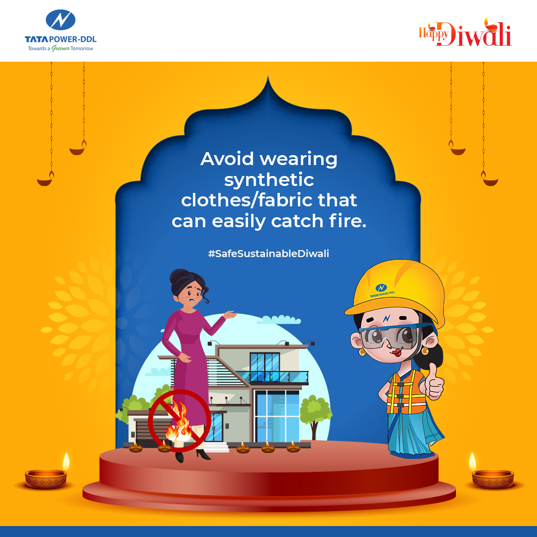 tatapower_ddl's tweet photo. During puja and Diwali celebrations, avoid wearing synthetic fabrics like polyester, nylon, etc. that can catch fire easily. Opt for cotton clothes. Also, be careful with dupattas and sarees as these could brush against diyas, candles, or lamps. https://t.co/yAoKMoItx7