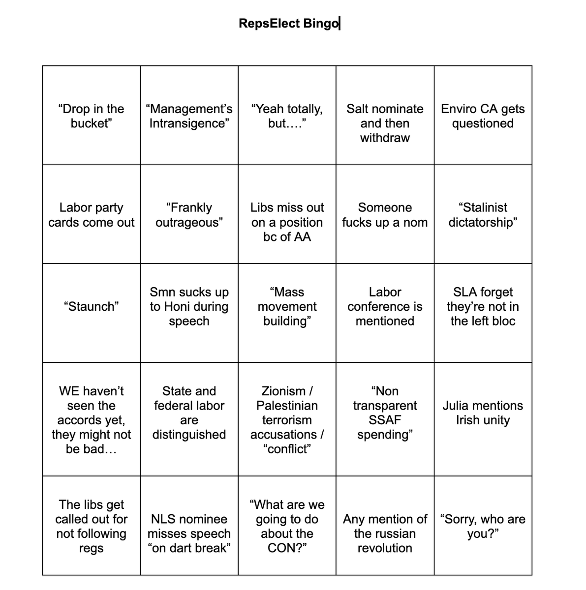 honi_soit's tweet photo. #LEAKED factional bingo card!!! Honi fr does not recommend drinking to this if you wish to stay upright #USydSRC https://t.co/zlWhDDzXoP