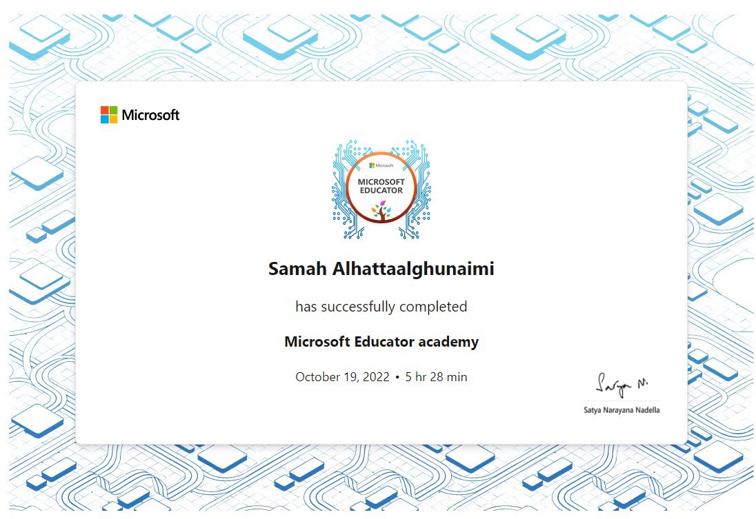gemsnms_alkhail's tweet image. Well-done Samah on earning your #MicrosoftEducator Certificate 👏
learn.microsoft.com/en-us/training…