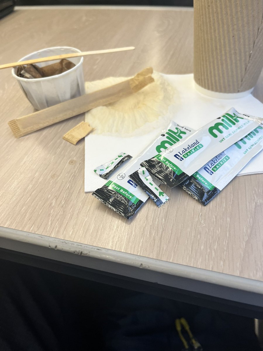 MikeLord2014's tweet photo. @GWRHelp why can’t you just have a jug of coffee and a jug of milk and pour it into a cup.. instead I have 11 items of waste for landfill for a simple cup of coffee? https://t.co/XiEAiQ1zuj