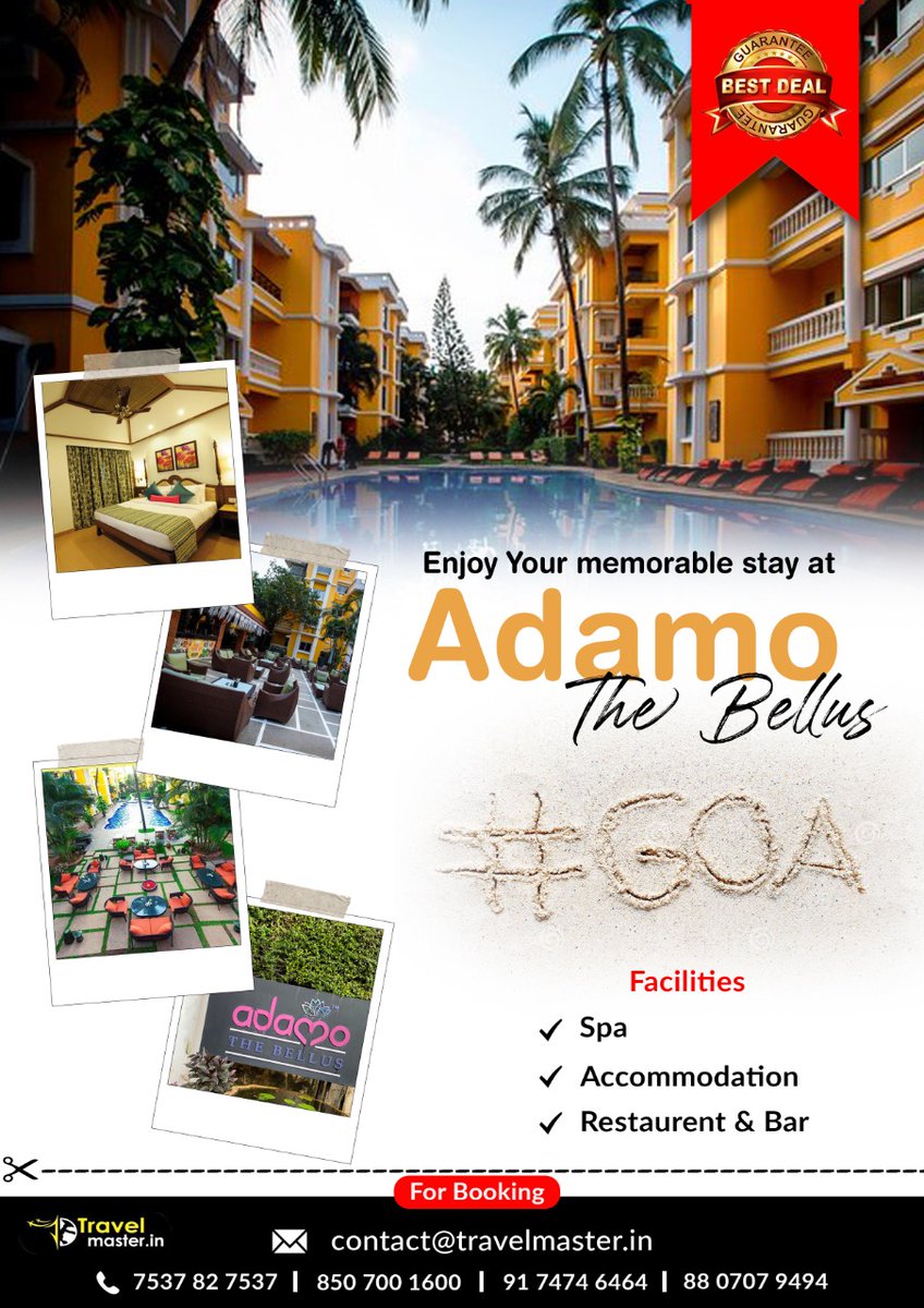 Best Deal Guarantee Ever 😍😍
*Adamo The Bellus*
For Booking : 850 700 1600 | 91 7474 6464 | 88 0707 9494 | 7537 82 7537 
Email : Contact@Travelmaster.in 
Website : Travelmaster.in 
#adamo #goa #delhi #travel #travelagent #toursit #tourism #travel