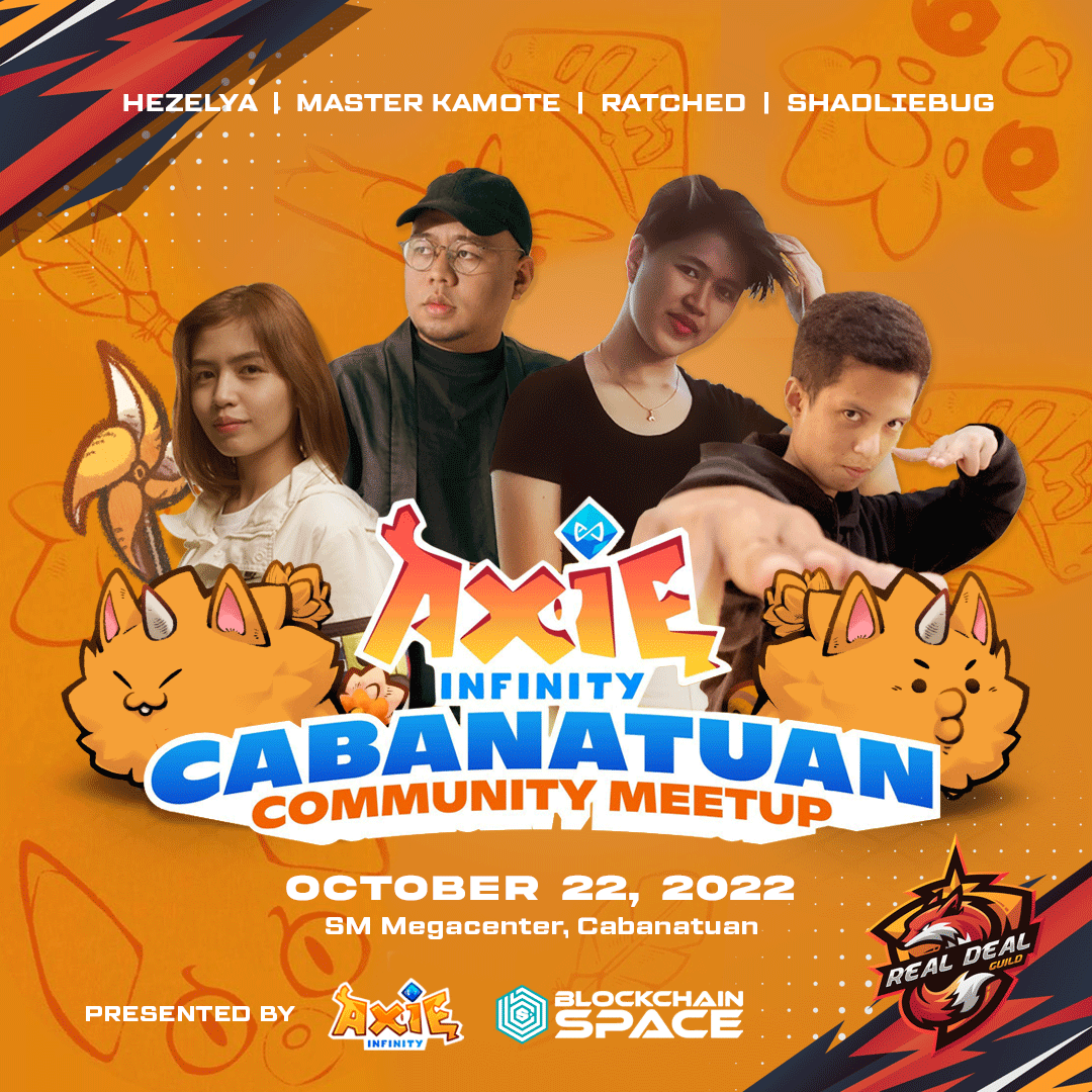 realdealguild's tweet photo. Let’s hype up and support @Hezelya, @shadliebug @Ratchedrdg, and @Masterkamote_ as they prepare for the Axie Origins IRL Tournament on the Cabanatuan Community Meetup on October 22!⚔️
Show them how you, foxes, will be there no matter what happens, and let’s pray for the best!🙏🏻🧡 https://t.co/zENU4qQtAD