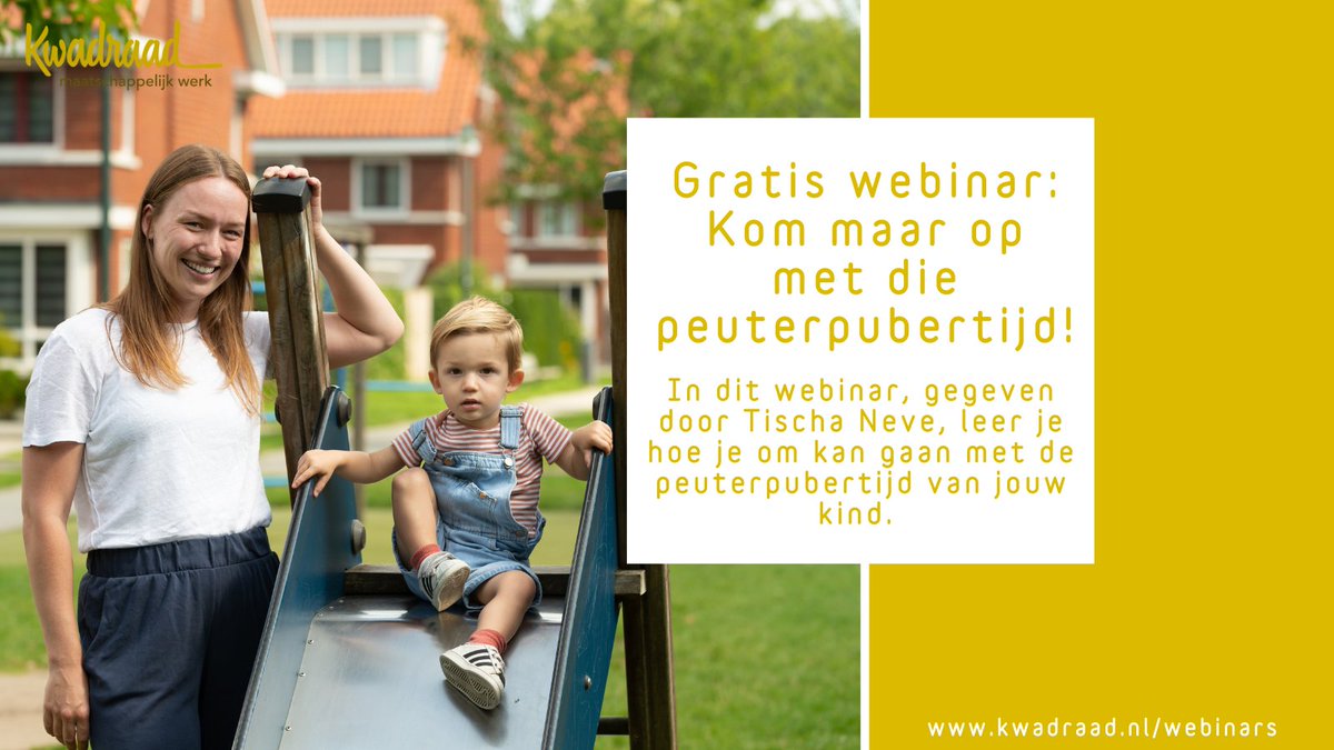 De ene dag heb je nog een schattige baby en opeens heb je een peuter in huis die niet wil eten, die driftig wordt en oje, die een eigen wil heeft. Help! Het webinar is op 26 oktober 2022 om 20.00 uur.

Kijk voor meer informatie en aanmelden op kwadraad.nl/nieuws/gratis-…

#webinar