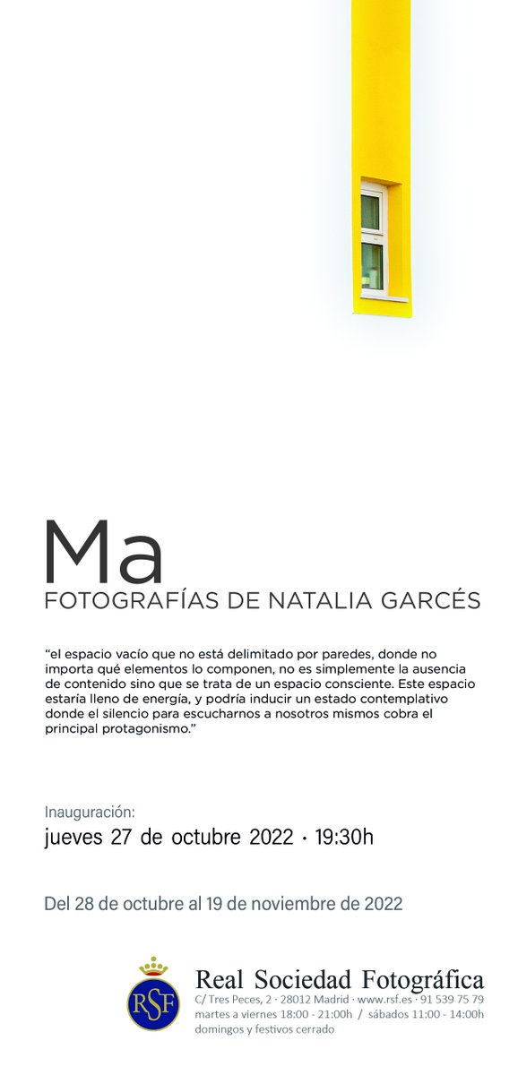 Y hoy en #FotógrafasQueHabitan os traigo Natalia Garcés. Además de dirigir el <a href="/AuladefotoFgua/">Aula de Fotografía de la FGUA</a>
de la Fundación General de la Universidad de Alcalá y organizar el festival Quijote Photofest, acaba de inaugurar su expo “Ma” en la <a href="/es_RSF/">RSociedadFotografica</a>
de #Madrid. 

nataliagarces.com