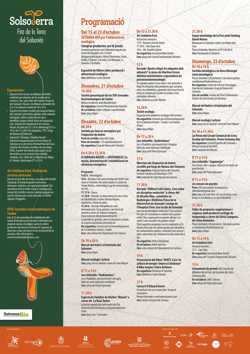 🌳🍄Aquest cap de setmana, no us perdeu la #Solsoterra2022, la Fira de la Terra del #Solsonès que promou els #producteseco, la sostenibilitat i els boscos.

📌 Amb la participació d'algunes #sòciestmcoop, que defensen 🧺 el consum responsable i de proximitat.

#TastaTerritori 👣