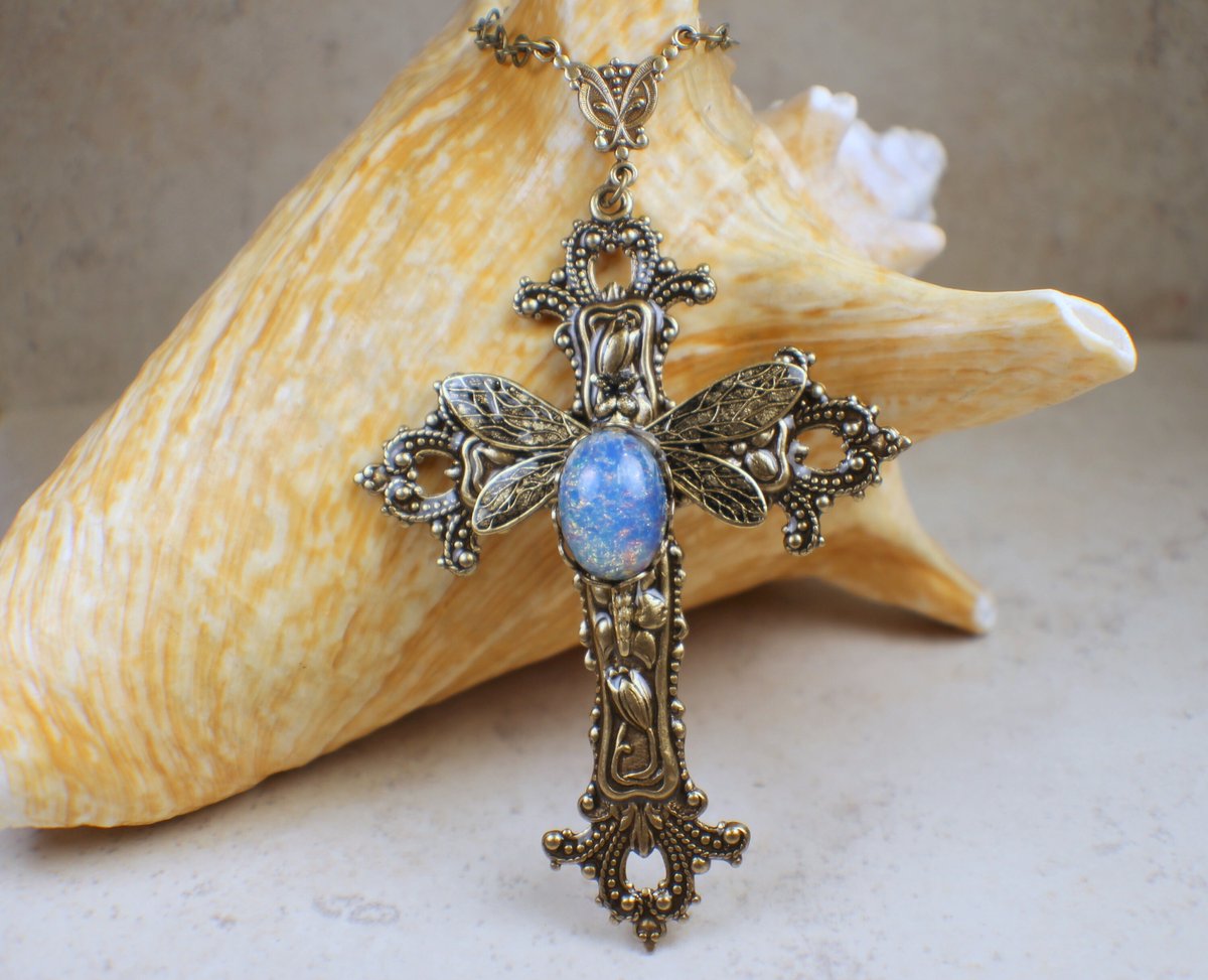Bronze Cross, Dragonfly Cross, Victorian Cross, Faith Jewelry, Large Cross Necklace, Ornate Cross, Victorian Renaissance Cross tuppu.net/c2a22462 #Charsfavoritethings #Etsy #BlueGlassOpal