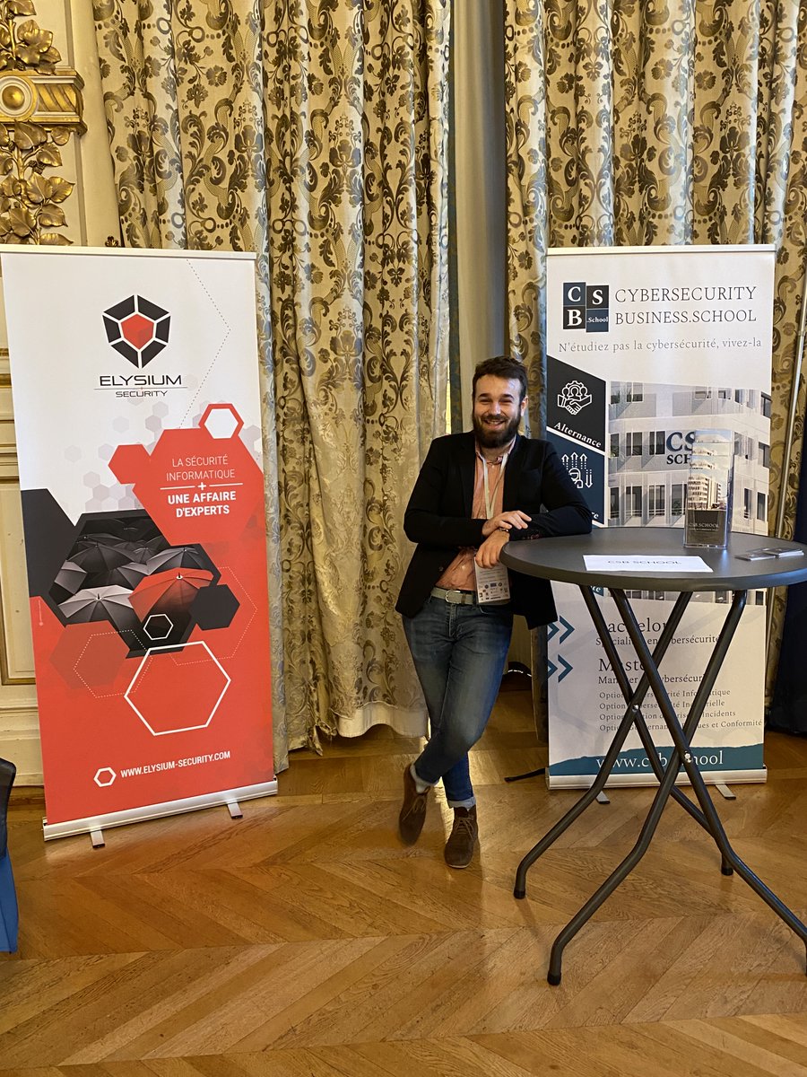 CSB_SCHOOL's tweet photo. Guillaume Delorme et @patricechelim représentent aujourd'hui notre école aux #rdefensecyber organisées par le @CyberCercle ! Bonjour à nos voisins Elysium Security. https://t.co/rXVSQ2574f