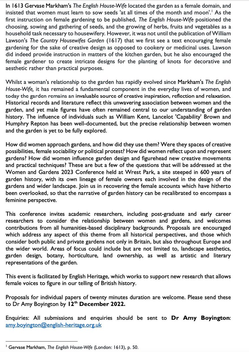 I’m organising a conference next year on the history of women and gardens! Submit your proposals before 12th December! It will be held @EH_WrestPark on 28th March 2023🌷🌹🌸🌼 <a href="/EnglishHeritage/">English Heritage</a>