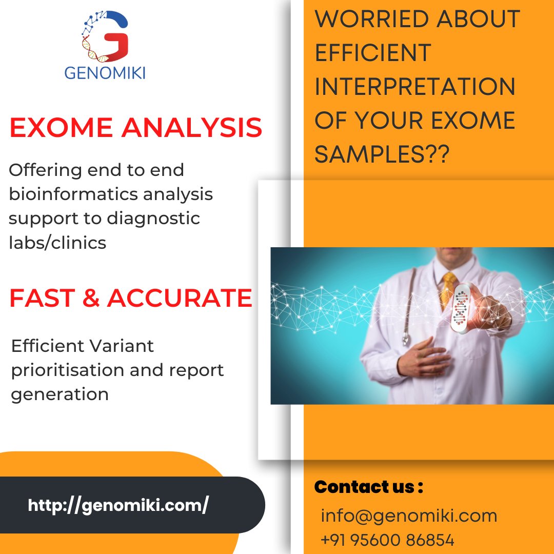 genomiki1's tweet photo. Are you planning exome sequencing but worried about the analysis and interpretation?
Reach out to us @ info@genomiki.com or call us at +91 95600 86854 to know more!
#genomiki #genomics #wholegenomesequencing #exome #sequencing #ngs #diagnostics #genometesting #variant https://t.co/BZnLVeiImQ