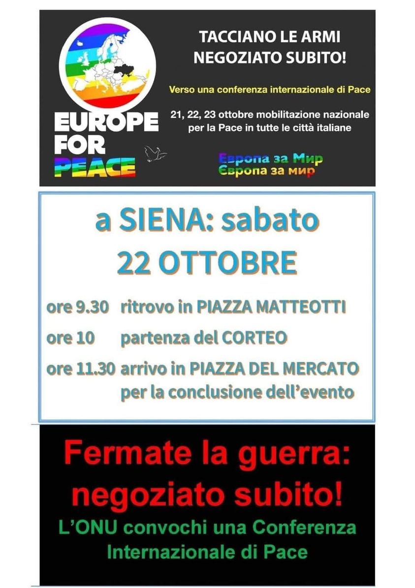 La Sezione ANPI di Colle di Val d'Elsa aderisce alla manifestazione per la pace che si terrà a Siena sabato 22 con concentramento alle 9.30 in Piazza Matteotti. Saremo presenti al corteo con la nostra bandiera.

Invitiamo compagnə e tesseratə a unirsi e partecipare.