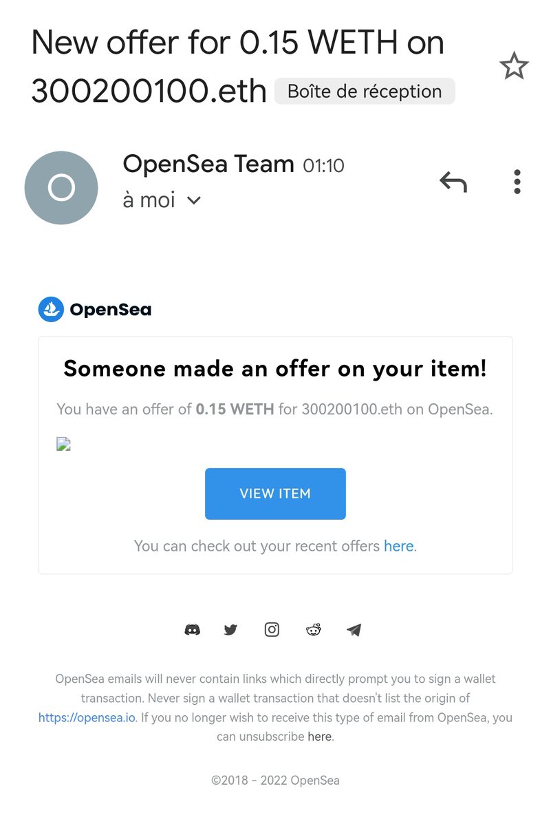 Offre très raisonnable de la part de @25th_eth sur 300200100.eth..... Mais un petit effort serait bienvenue 😁😁😁

#eth #ethereumnames #ens #domain #domainsforsale #domains #DomainNameForSale #ensdigits