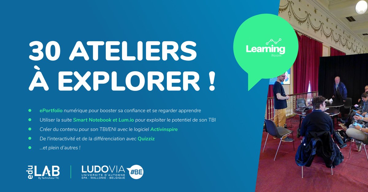 La Learning Room de #LudoviaBe 2022, c'est 30 activités interactives qui sont à vivre le 3 & 4 novembre ! On a hâte de vous montrer tout ça ! ℹ Tous les ateliers proposés par l'eduLAB : edu-lab.be/l-edulab-sera-… ✅ Infos et inscription : ludovia.be