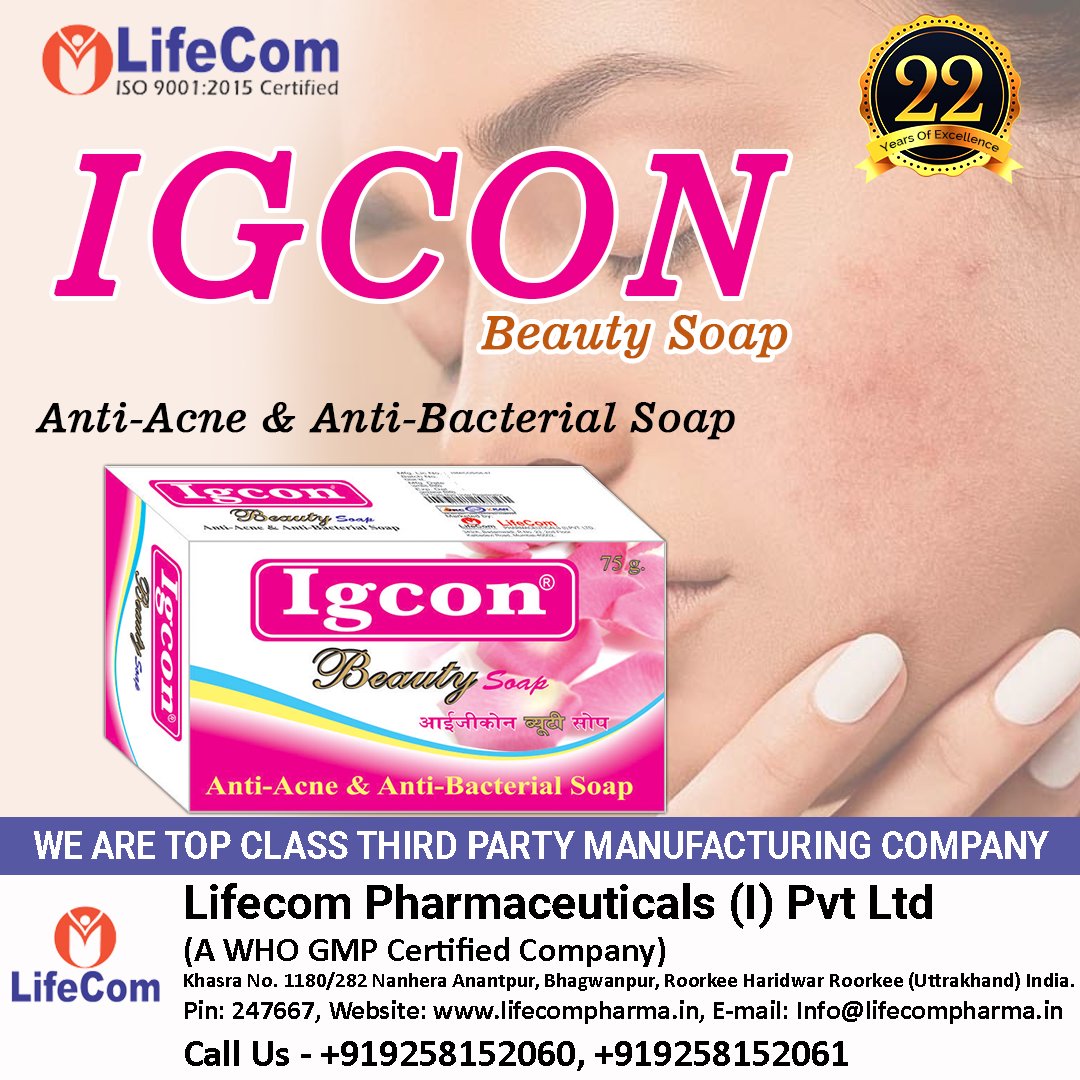 LifecomPharma's tweet photo. The #IGCON Beauty soap is a perfect solution for those looking for a cleanser with #antibacterial and anti-acne properties. The soap is effective in cleaning acne and pimples without drying the skin. The soap is gentle and effective in removing dirt and oil from the #skin. https://t.co/dpsuZLr4o8