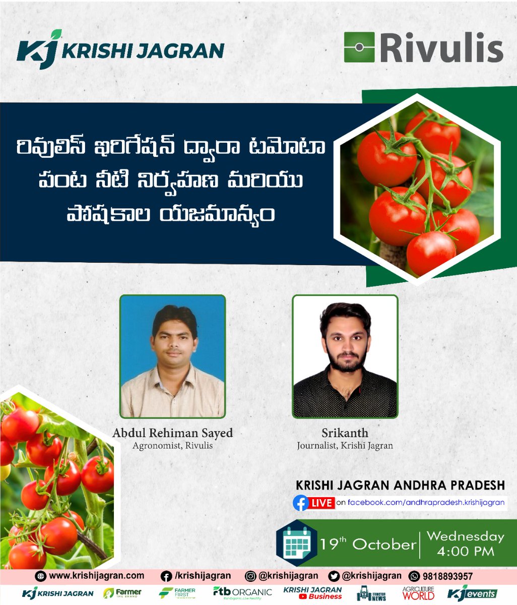 Join us for our live webinar with Rivulis today at 4PM, and learn more about Modern Techniques in Tomato Cultivation.

#Rivulis #RivulisIndia #GrowBeyond #tomato #cultivation #tomatocultivation