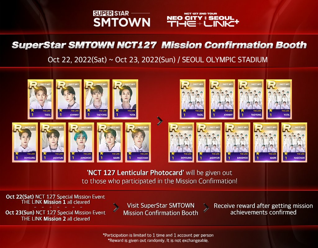 SuperStarSM_twt's tweet photo. #SuperStarSMTOWN #SSM #PLAYBooth #Mission_Conf_Booth
SSM Booth will be there at the NCT 127 2ND TOUR ‘NEO CITY : SEOUL - THE LINK +’ venue!
NCTzen who wants to participate in the PLAY&MISSION Booth, please check the notice! https://t.co/axpJe5zumh