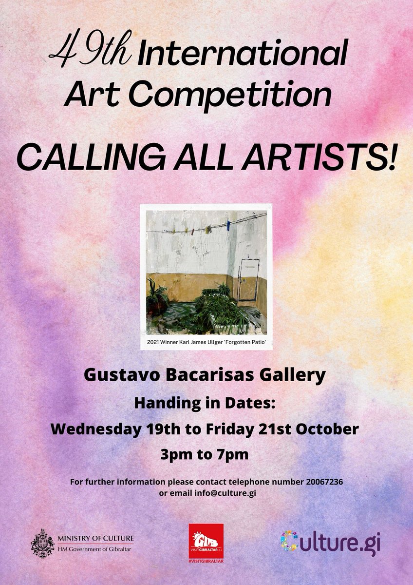 CALLING ALL ARTISTS! Today is the final day to hand in your artworks for this year's Gibraltar International Art Exhibition. Opening times at the Gustavo Bacarisas Gallery are 3pm to 7pm. #InternationalArt #Art #Competition #GCS #gibculture