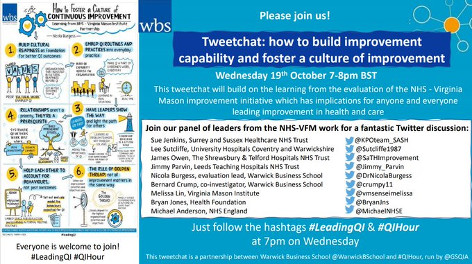 Tonight! 7-8pm BST. A tweetchat on the big themes on making improvement happen across an organisation from the evaluation of the NHS-VMI partnership. Everyone is welcome, even if you've never taken part in a tweetchat before. Just follow the hashtags #leadingQI & #QIHour from 7pm