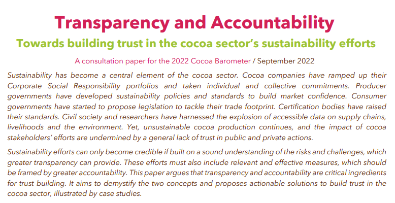 In the run up to the 2022 cocoa barometer, @VoiceCocoa has published three consultation papers – including this one on “Transparency & Accountability” in the cocoa supply chain.
Worth a read. 🧵
voicenetwork.cc/wp-content/upl…