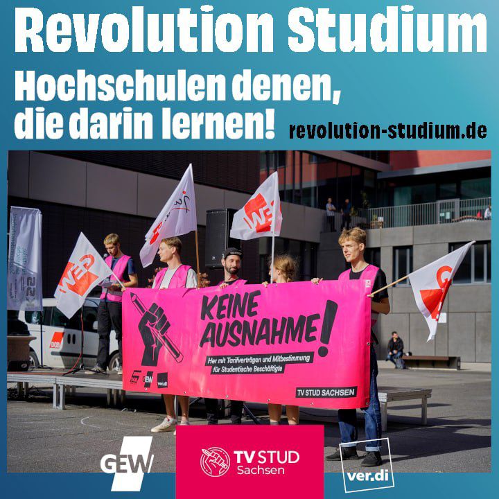 tvstudsn's tweet photo. Auch wir waren am Montag dabei in #Leipzig und #Dresden und haben mit dem Bündnis #RevolutionStudium für mehr und sinnvollere Veränderungen für uns Studis im #Hochschulgesetz demonstriert – Dieses wird aktuell novelliert! 😎 https://t.co/qgR2Fm0W7g