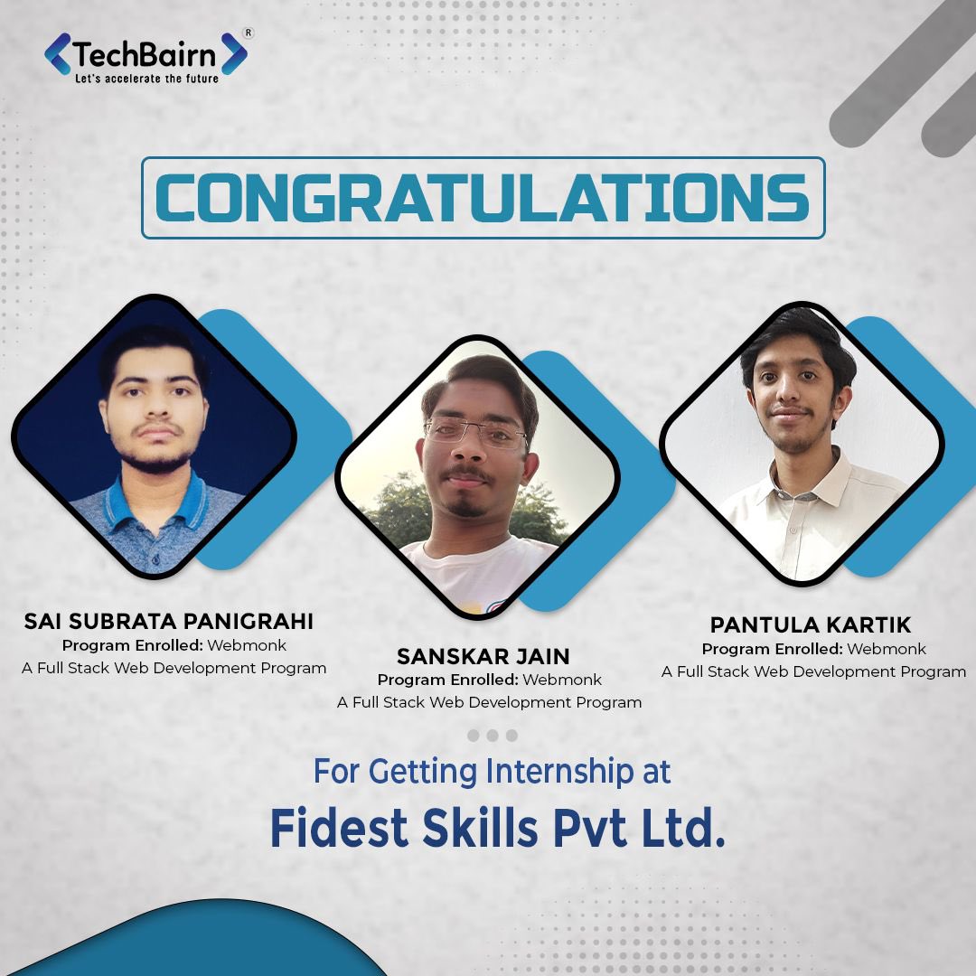 techbairn's tweet photo. TechBairn is delighted to congratulate our students for securing internships at Fidget Skills Pvt Ltd. You have shown your ability and hardwork to the world. We are proud to have such students who all hail success with honor.

#internships #learners #webdevelopment #education https://t.co/w7IRx34LiI