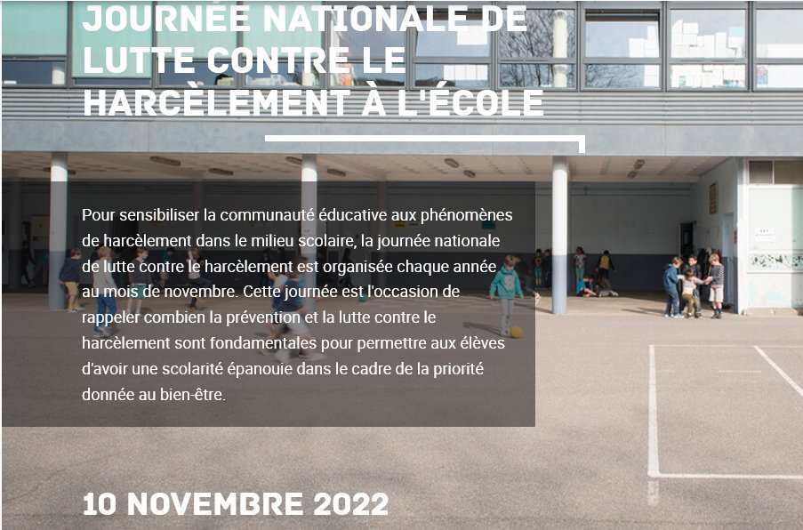 DOC_edu_num's tweet photo. [🗓️ Événement] Le 10 novembre prochain a lieu la journée internationale de lutte contre la violence et le harcèlement en milieu scolaire. 

Retrouvez jusqu'au 9 novembre des ressources pédagogiques pour aborder cette thématique.

https://t.co/05pybd4nPm https://t.co/KGl6zNnVHJ