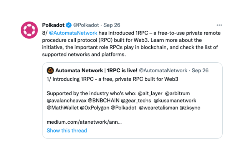 AutomataNetwork's tweet photo. Stay in the loop with @Polkadot's Roadmap Update - all eyes on 🛡1RPC in the #PolkadotRoundup 👀 https://t.co/fczm7TbqdP