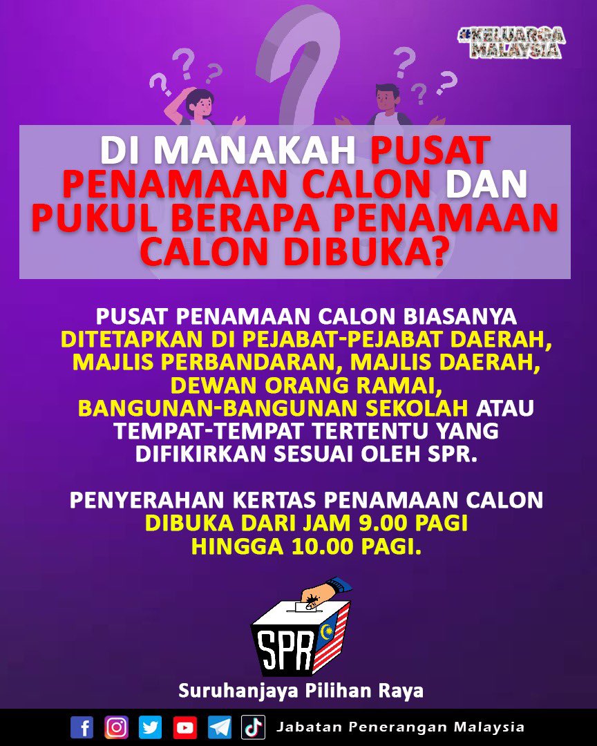 JPenerangan's tweet photo. Berikut merupakan lokasi pusat penamaan calon dan waktu penamaan calon dibuka.

#PRU15
#KeluargaMalaysia
#JabatanPenerangan https://t.co/ChUhnLrDnB