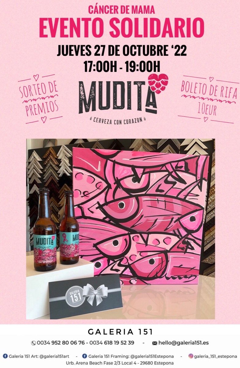 CervezaMudita's tweet image. Hoy, en el #DiaInternacionalContraElCancerDeMama, queremos hacer un anuncio muy especial 💗.

El próximo jueves 27, la Galería 151 Art de #Estepona 🎨 acogerá el Evento Solidario Mudita a favor de la #investigación del #cancermama.  ¿A qué esperas? Colabora por una buena causa 🔬