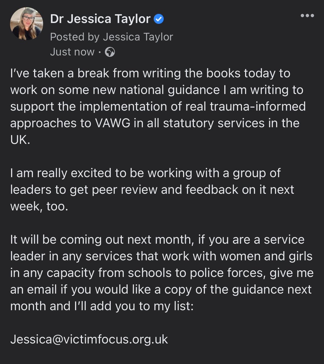 DrJessTaylor's tweet photo. 📣 Service leaders and commissioners in VAWG, education, health, social care, policing, charities and private practice working with women and girls 📣

Email me Jessica@victimfocus.org.uk and I’ll send you a copy on day of release next month https://t.co/1EUWQph2ld