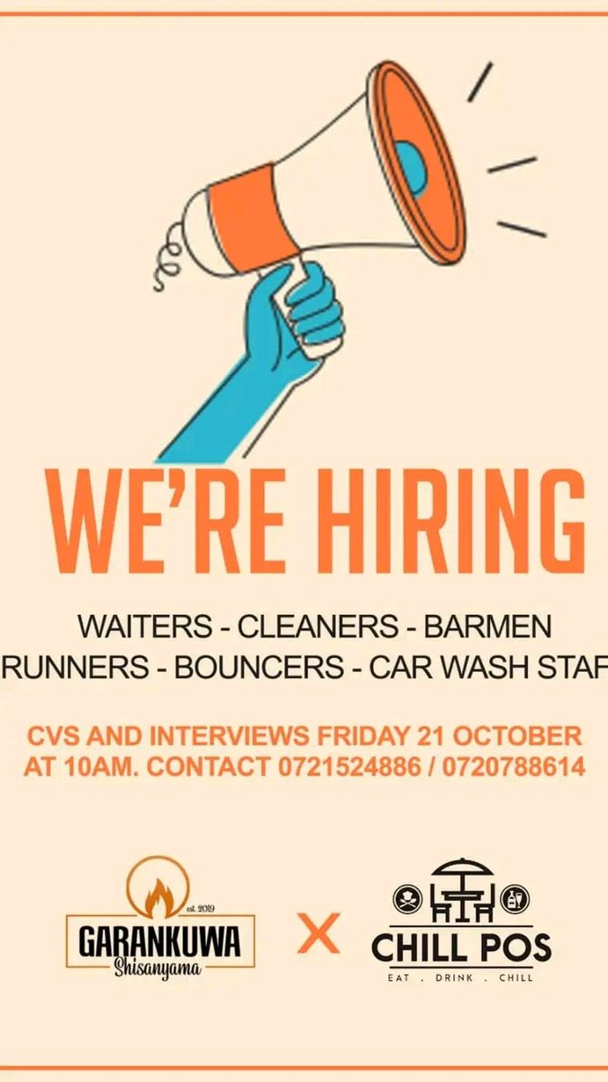 ‼️We’re Hiring‼️ Garankuwa Shisanyama Well experienced staff urgently needed. Cv’s and interviews to hand delivered and interviews on Friday @ 10:00. Waiters Cleaners Barmen Runners Bouncers Car wash Staff