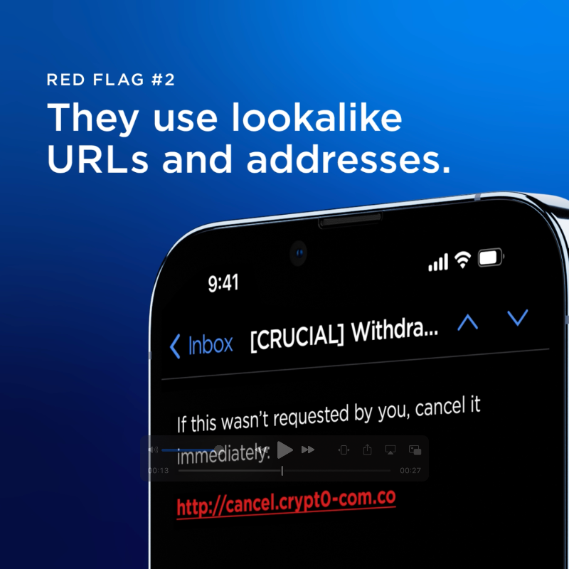 cryptocom's tweet photo. Phishing scams are getting more sophisticated than ever. Here’s what to watch out for 🚩🚩🚩

#SecurityFirstAlways