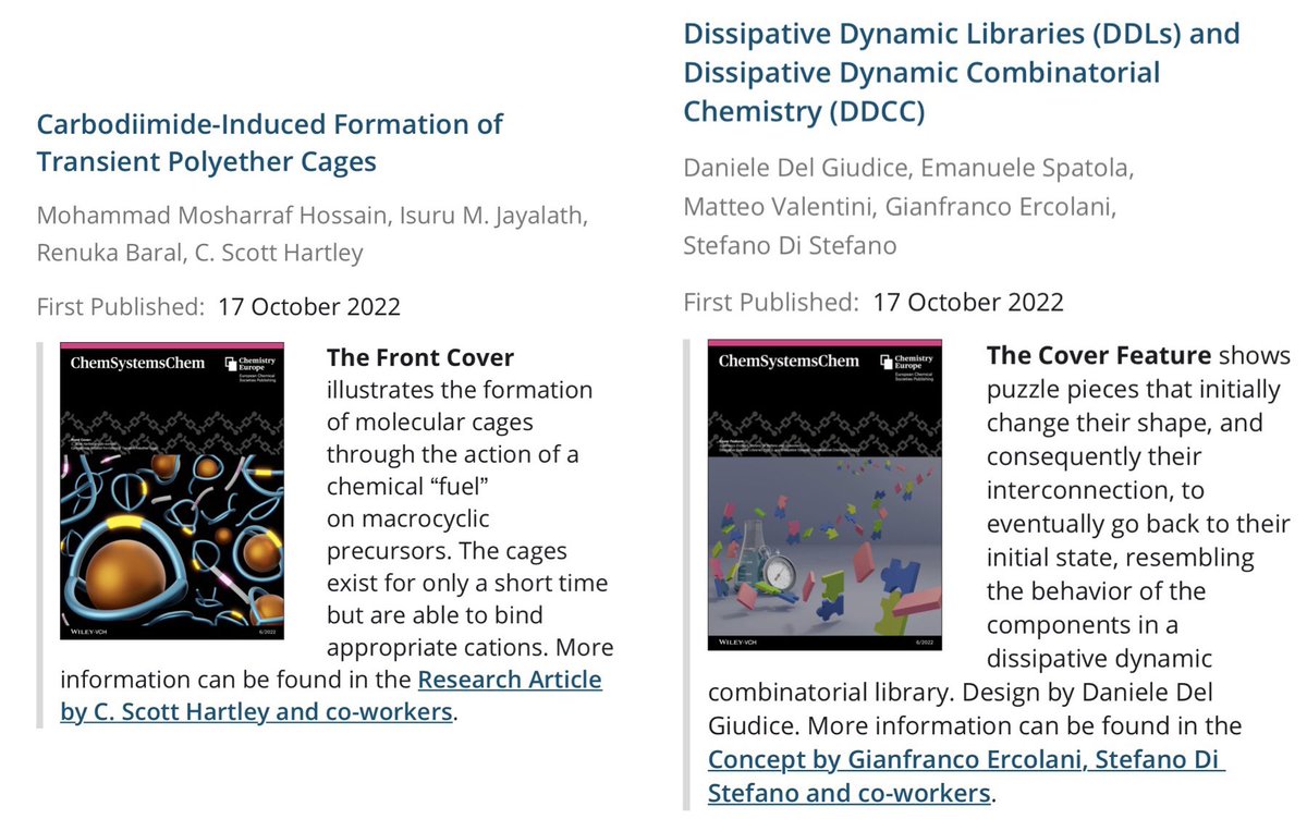 Daniele Del Giudice (@daniele_delg) on Twitter photo Happy to see both ours and @TheHartleyLab covers featured in the same number of <a href="/ChemSystemsChem/">ChemSystemsChem</a> <a href="/ChemEurope/">Chemistry Europe</a> 😁 Dissipative systems rock! 🎸
Hartley: bit.ly/3yUdtRo 🇺🇸
Di Stefano: bit.ly/3TJMJvs 🇮🇹 Happy to see both ours and @TheHartleyLab covers featured in the same number of <a href="/ChemSystemsChem/">ChemSystemsChem</a> <a href="/ChemEurope/">Chemistry Europe</a> 😁 Dissipative systems rock! 🎸
Hartley: bit.ly/3yUdtRo 🇺🇸
Di Stefano: bit.ly/3TJMJvs 🇮🇹