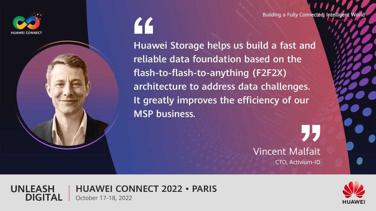 IT_Huawei's tweet photo. Vincent Malfait, CTO of Activium-ID, praises Huawei's #F2F2X architecture as it improves the efficiency of their #MSP #business. Learn more: https://t.co/GZRufGHhrW #UnleashDigital #HuaweiConnect https://t.co/p6gyHY7pVy
