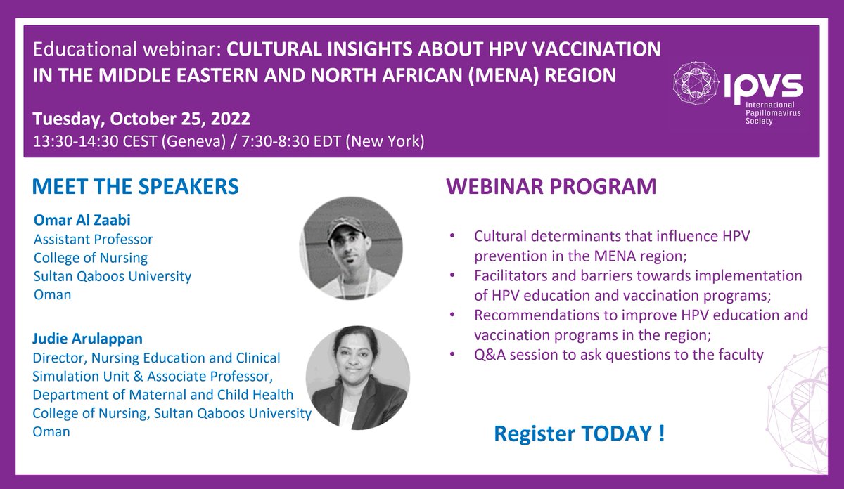 IPVSociety's tweet photo. 🤩 Meet the speakers of our live webinar next week: Dr Al Zaabi and Dr Arulappan.

Join them on October 25th for an educational webinar focusing on the Middle Eastern &amp; North African (MENA) region.

▶ Register now: https://t.co/NKDbRj33e7

#hpv #hpvvaccine #vaccinationprogram https://t.co/TZhWtO554H